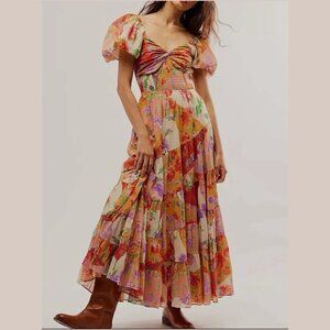 Women Bohemian Midi Dress Size L Floral Multicolor Puffed Sleeves Smocked Bodice